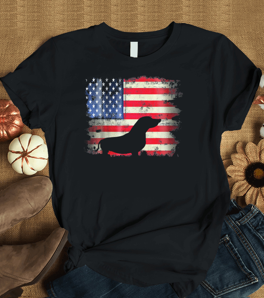 Dachshund Dog Silhouette Over Distressed American Flag USA T-Shirt