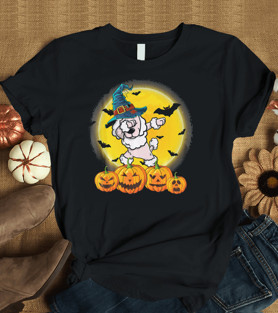 Halloween Witch Hat Poodle Dabbing with Pumpkins and Bats Moon Background T-Shirt