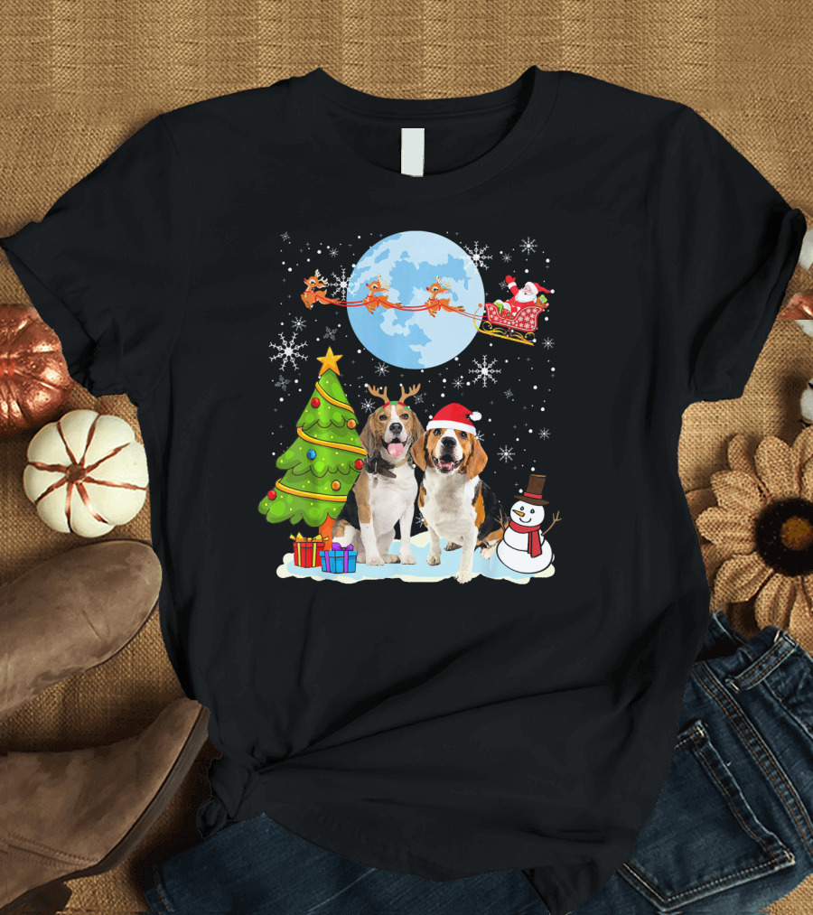 Funny Beagle Christmas Moon Santa Sleigh with Tree and Snowman T-Shirt
