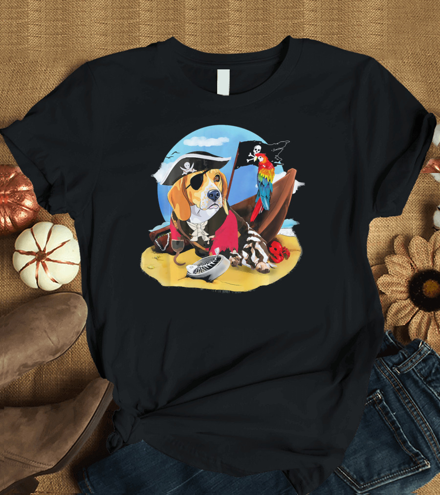 Pirate Beagle with Parrot and Skull Flag on Beach T-Shirt