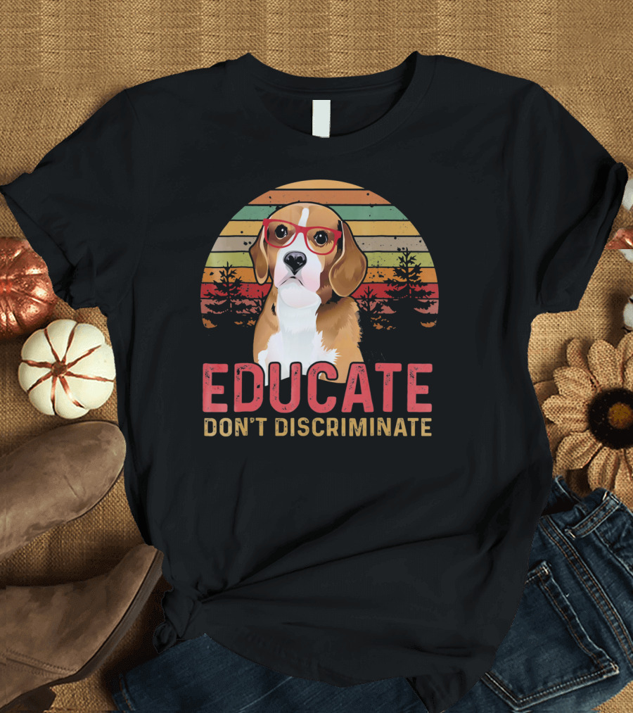 Educate Don't Discriminate Beagle Retro Glasses Forest Scene T-Shirt
