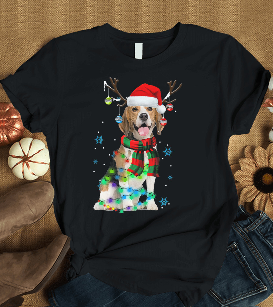 Christmas Beagle with Santa Hat Reindeer Antlers and Ornaments T-Shirt