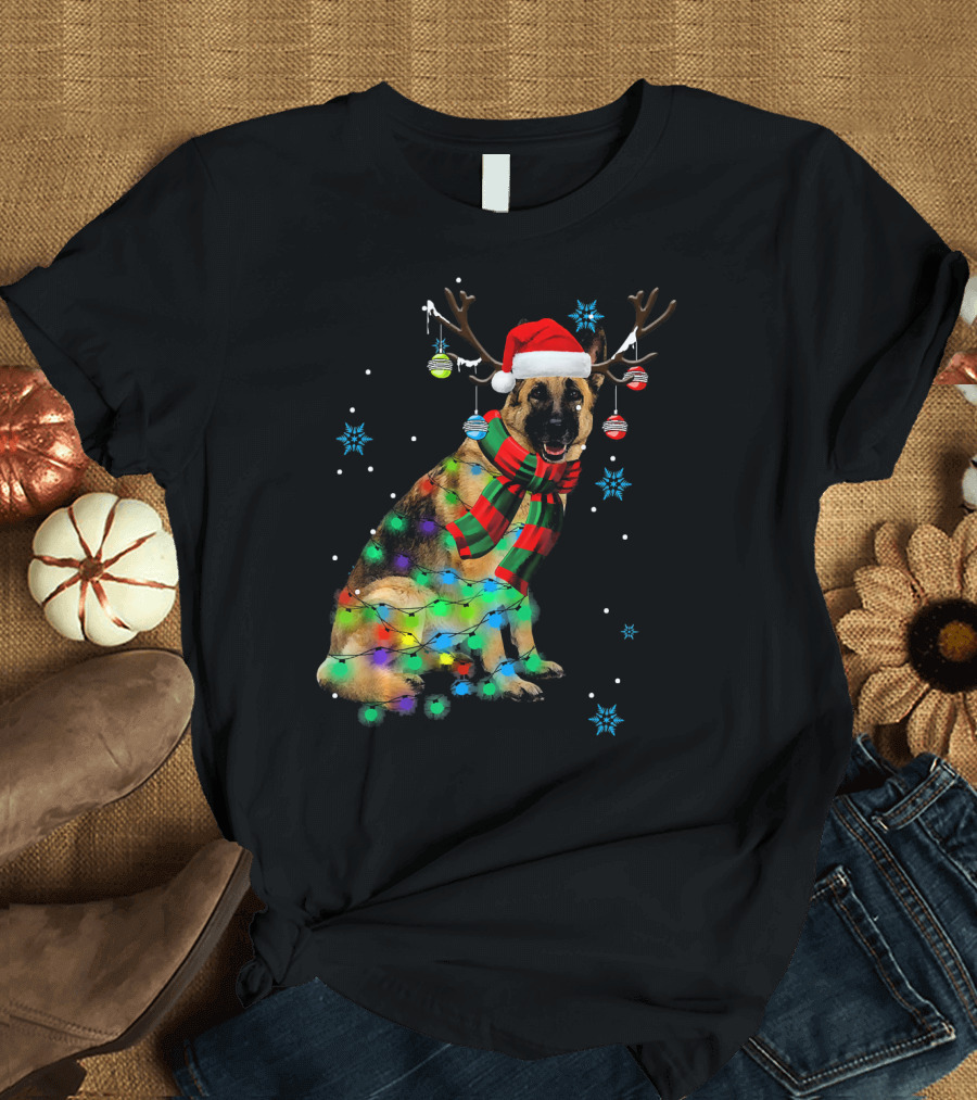 Christmas German Shepherd with Santa Hat and Antlers T-Shirt