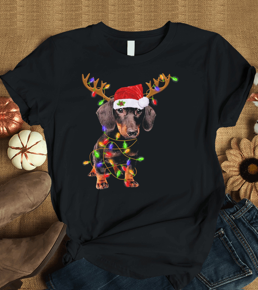 Dachshund with Santa Hat Reindeer Antlers Christmas Lights T-Shirt