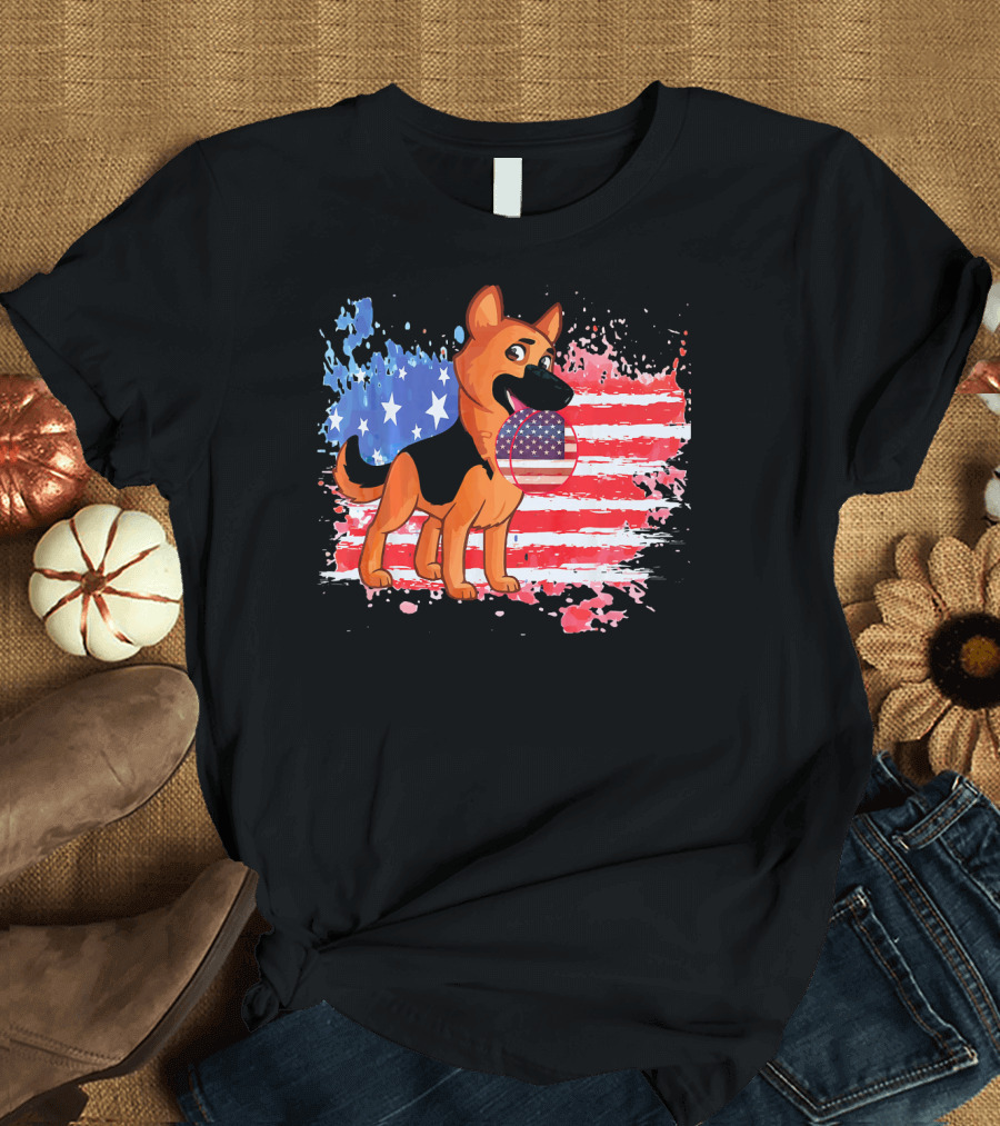 Distressed American Flag German Shepherd Holding Flag Ball T-Shirt
