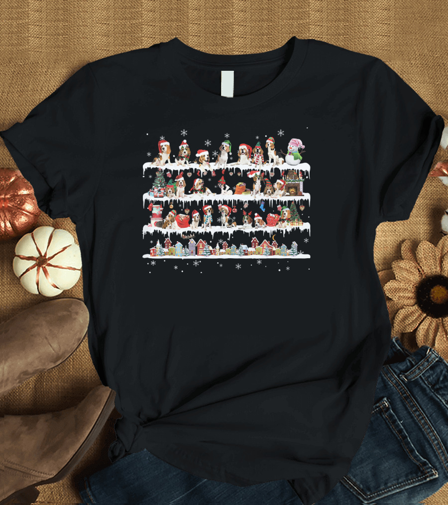 Beagle Christmas Snow Scene with Santa Hats and Snowman T-Shirt