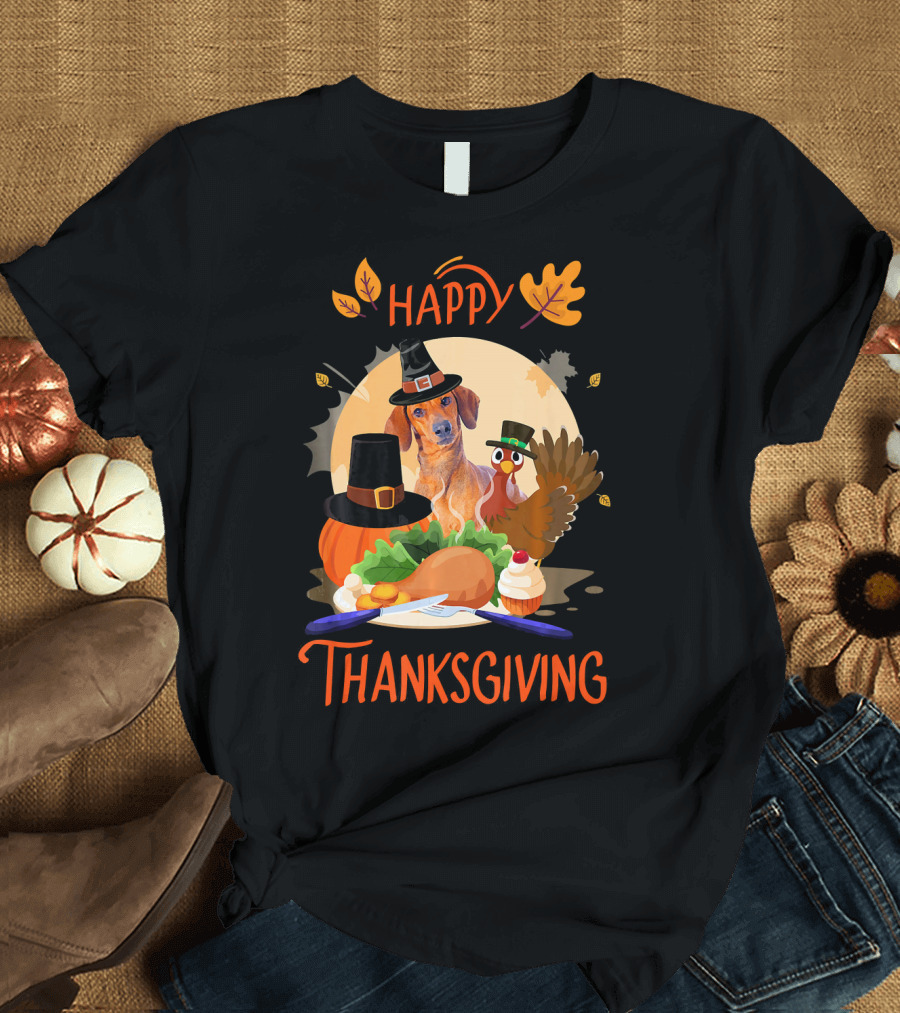 Happy Thanksgiving Dachshund Pilgrim Turkey Feast T-Shirt