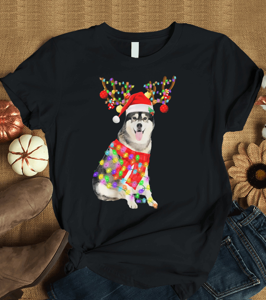 Funny Christmas Siberian Husky Reindeer with Santa Hat and Colorful Holiday Lights T-Shirt