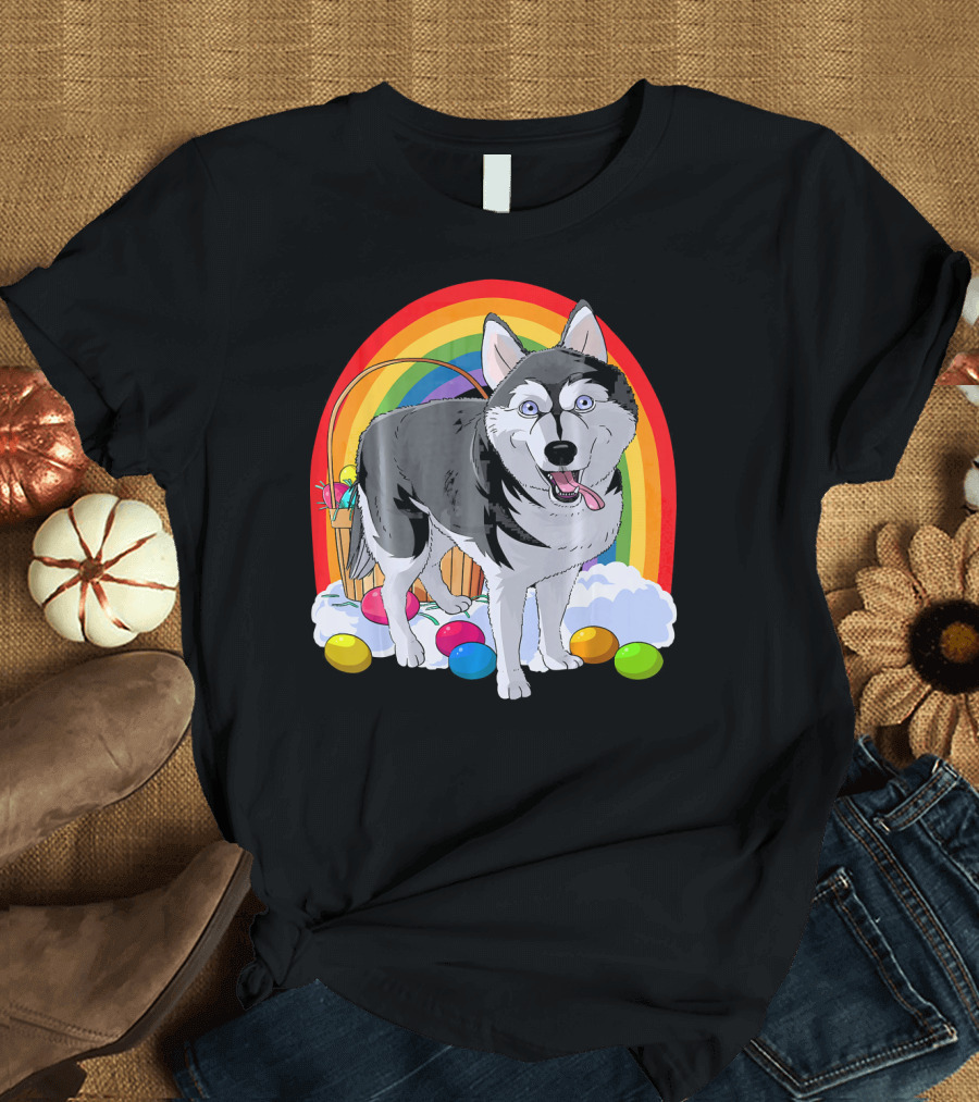 Siberian Husky with Easter Eggs and Rainbow T-Shirt