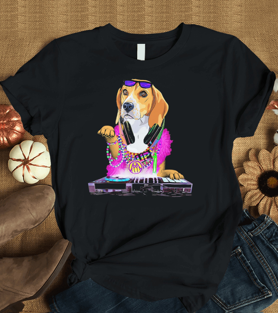 Funny Beagle DJ Disco Dog with Headphones and Colorful Accessories T-Shirt