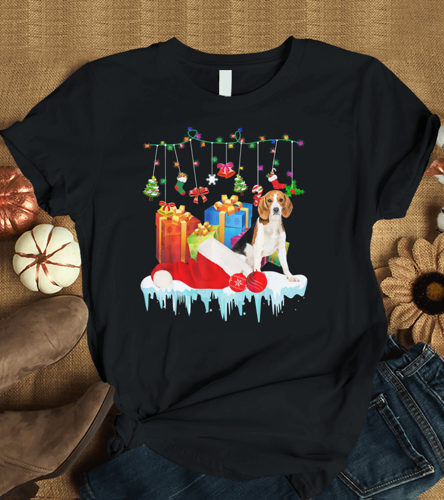 Funny Beagle Santa Hat Christmas Presents Holiday Lights Xmas T-Shirt