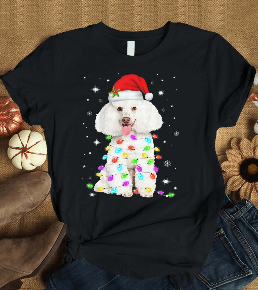 French Poodle Santa Hat Christmas Lights Snowflakes T-Shirt