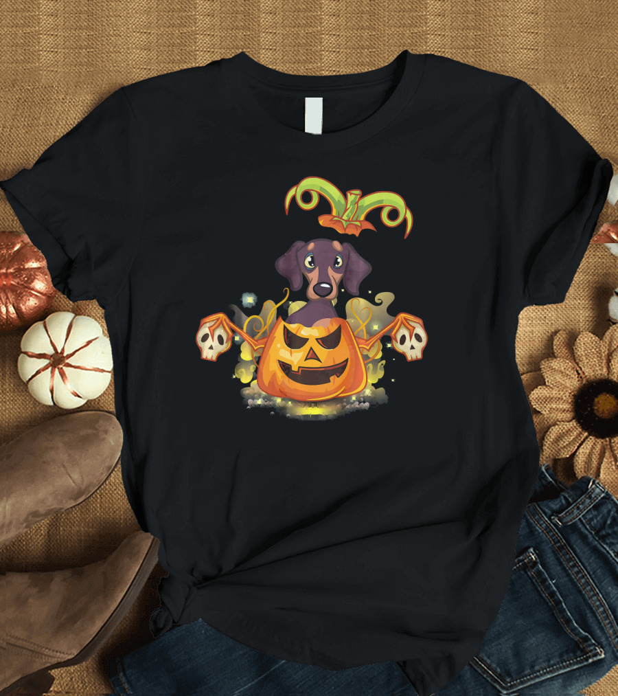 Dachshund Inside Jack-o'-Lantern with Skulls and Smoke T-Shirt