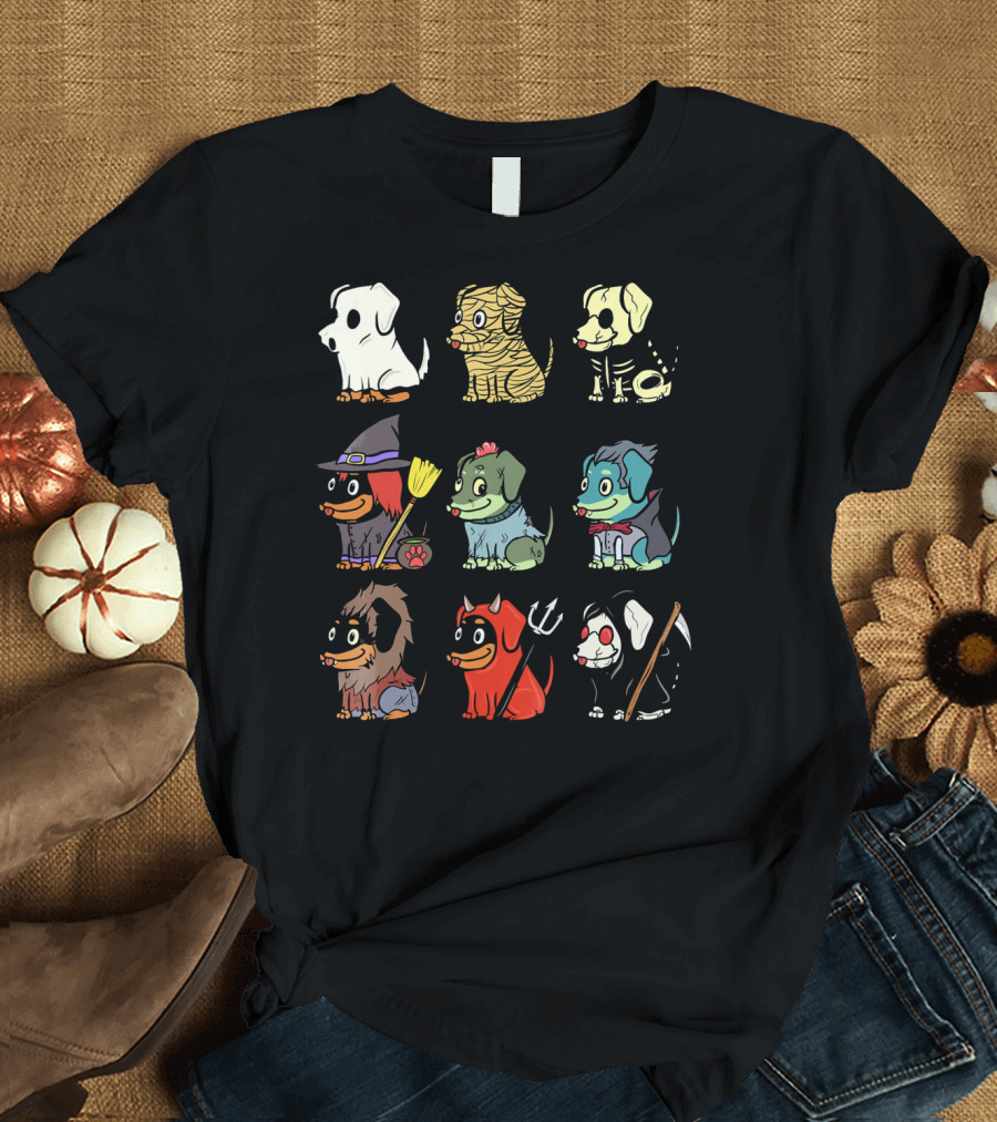 Dachshund Ghost Mummy Skeleton Witch Frankenstein Werewolf Devil Grim Reaper T-Shirt