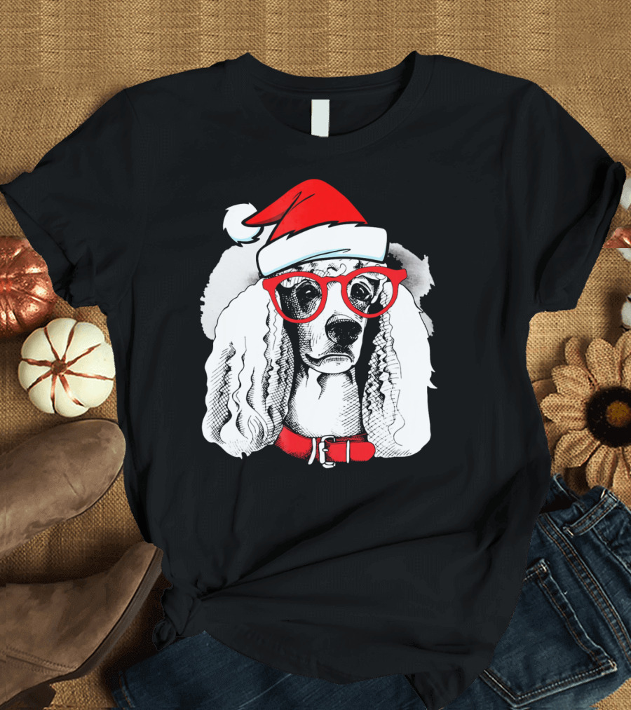 Santa Poodle Dog with Red Hat and Glasses T-Shirt