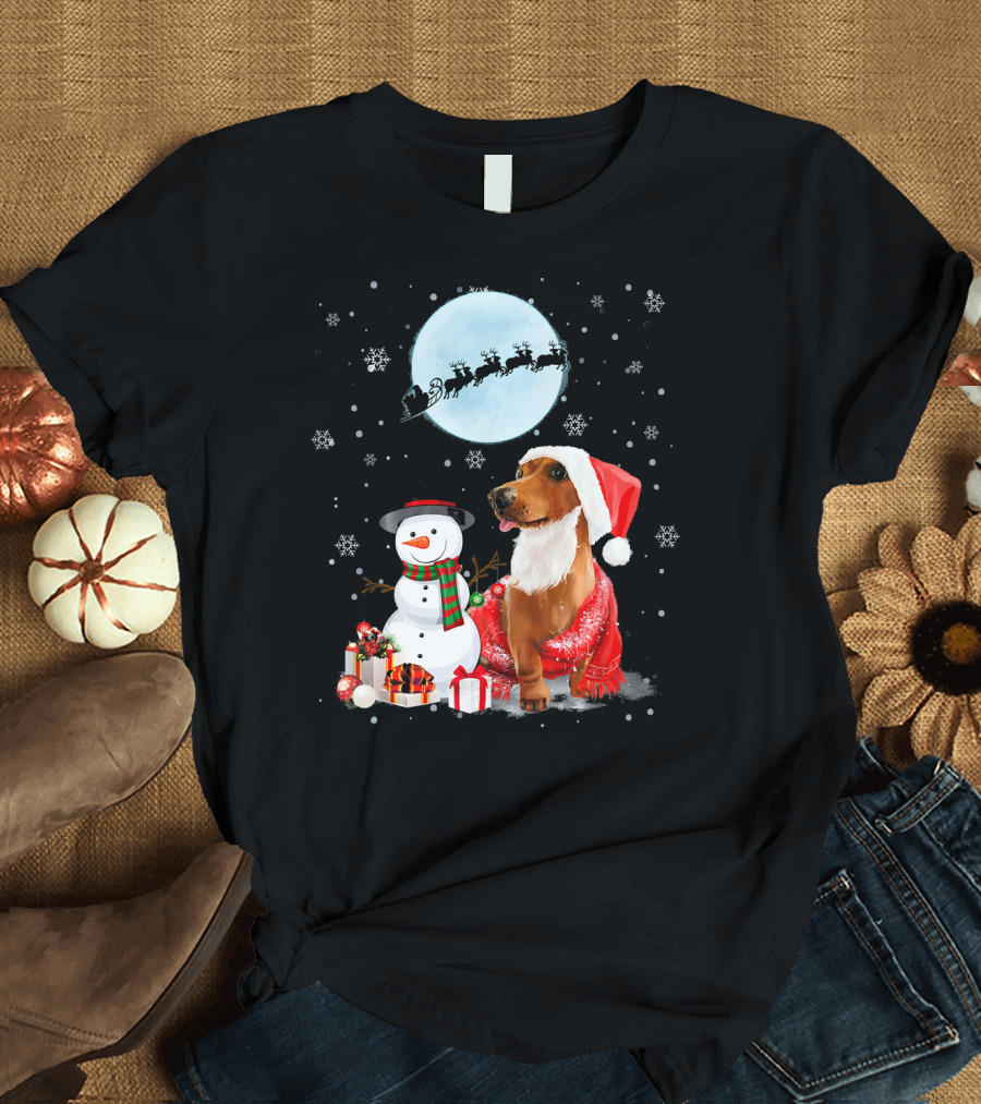 Dachshund Snowman Santa Hat Presents Reindeer Moon Snowflakes T-Shirt