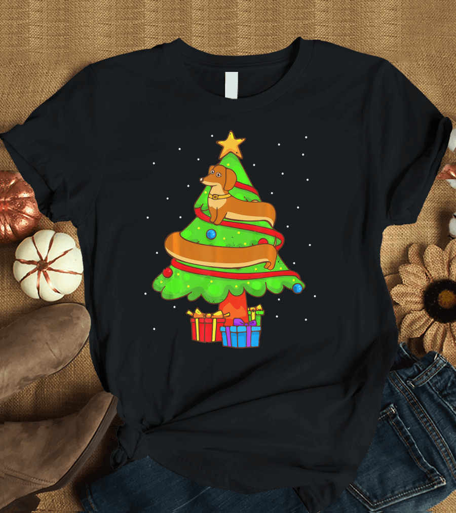 Funny Dachshund Christmas Tree Ornament Festive T-Shirt