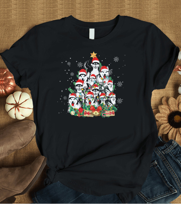 T-Shirt: Festive Husky Christmas Tree with Santa Hats and Gifts for Dog Lovers T-Shirt Festive Husky Christmas Tree with Santa Hats and Gifts for Dog Lovers T-Shirt