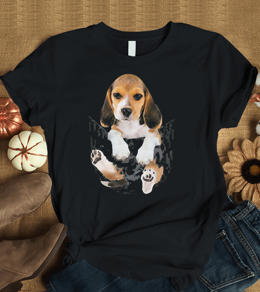 Funny Dog Cute Beagle in the Pocket Playful Puppy Paw Prints T-Shirt