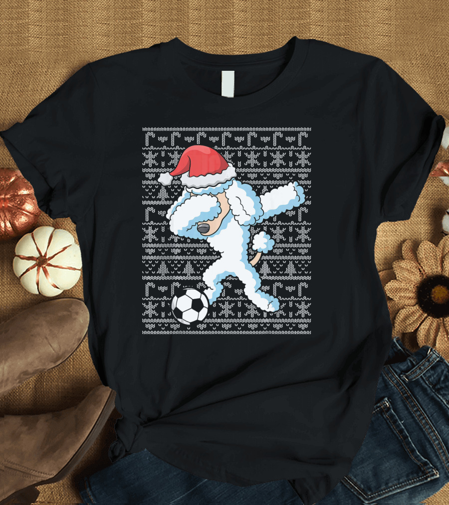 Dabbing Poodle Santa Dog with Soccer Ball Ugly Christmas T-Shirt