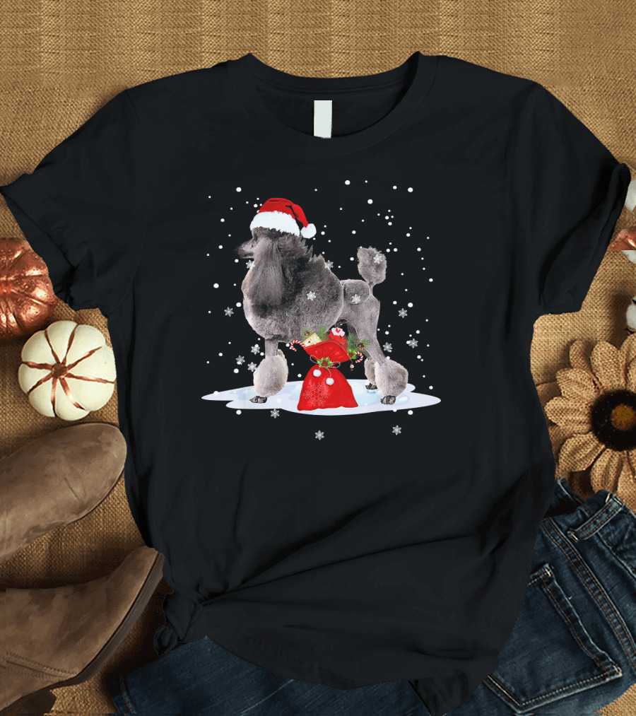 Poodle in Santa Hat with Christmas Gift Bag and Snowflakes T-Shirt