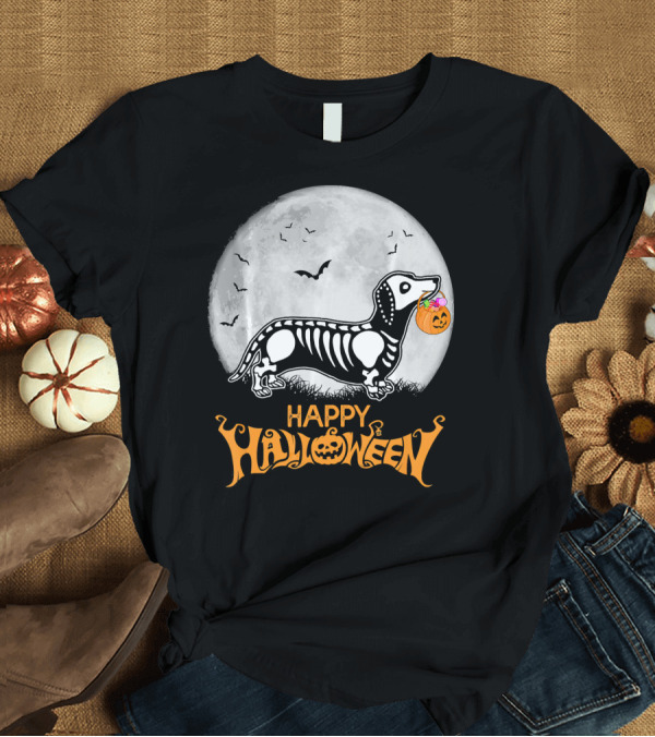 T-Shirt: Happy Halloween Dachshund Skeleton with Pumpkin in Front of Moon T-Shirt Happy Halloween Dachshund Skeleton with Pumpkin in Front of Moon T-Shirt