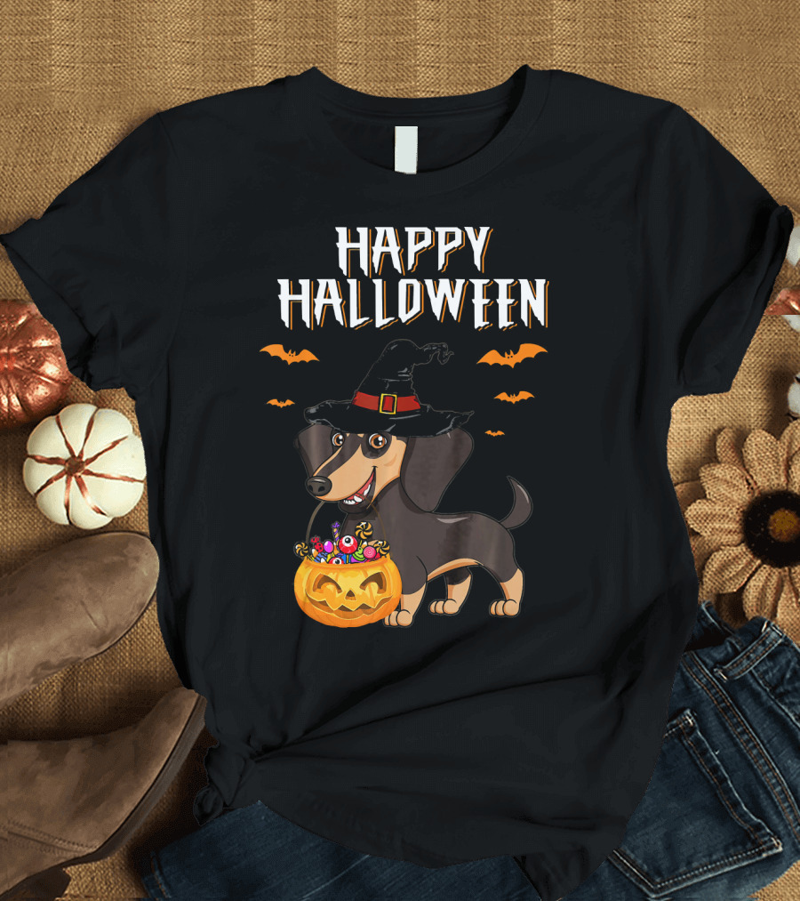 Happy Halloween Funny Dachshund Witch Pumpkin T-Shirt