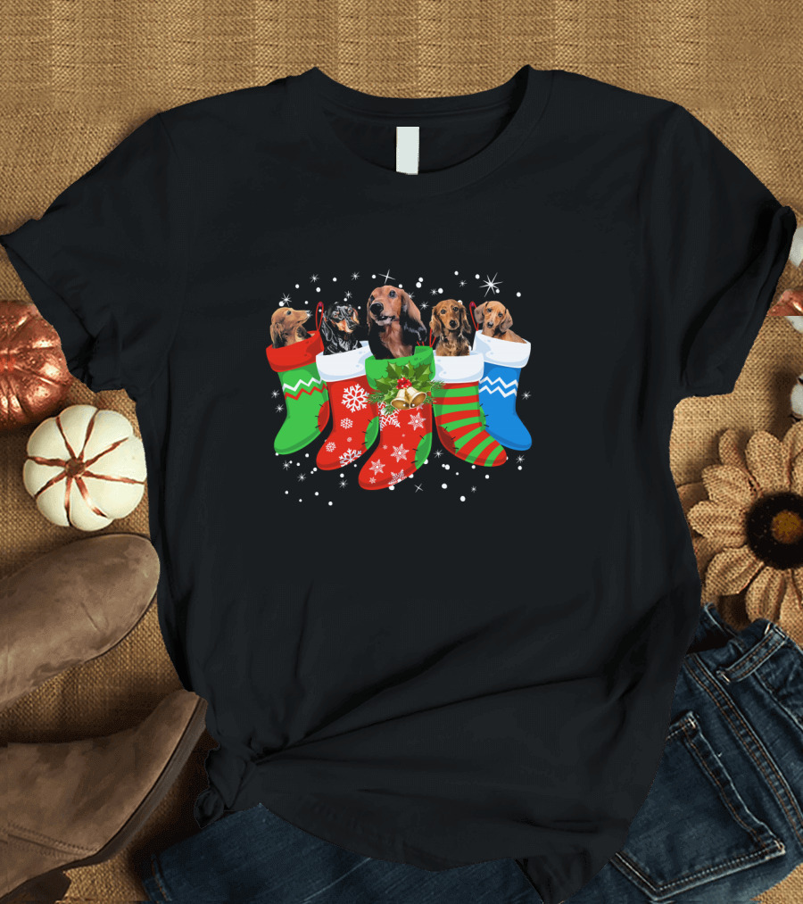 Dachshund Christmas Dog in Festive Stockings T-Shirt