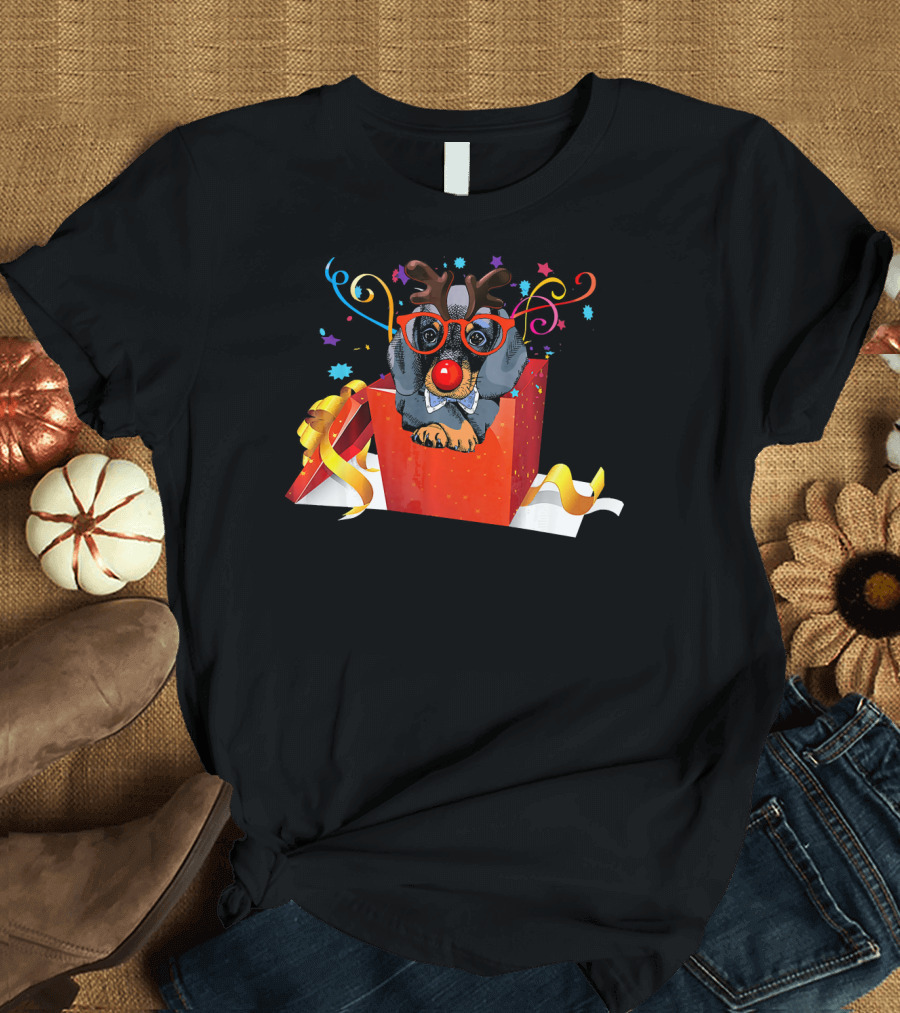 Dachshund Reindeer Glasses Christmas Gift Box Scene T-Shirt