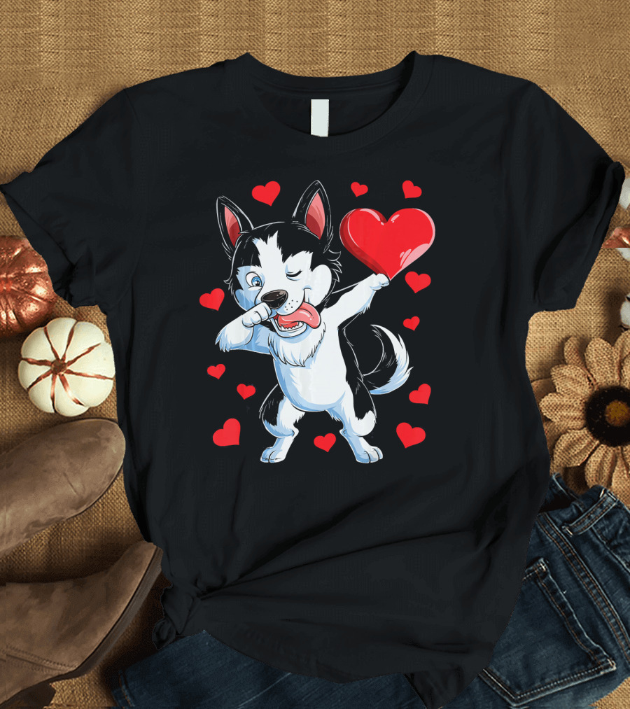 Dabbing Siberian Husky Valentine's Day with Red Hearts T-Shirt