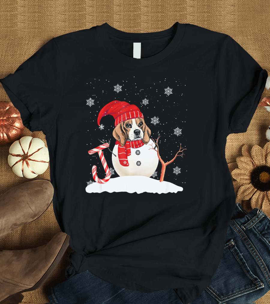 Funny Beagle Snowman Christmas Joy with Candy Cane and Snowflakes T-Shirt
