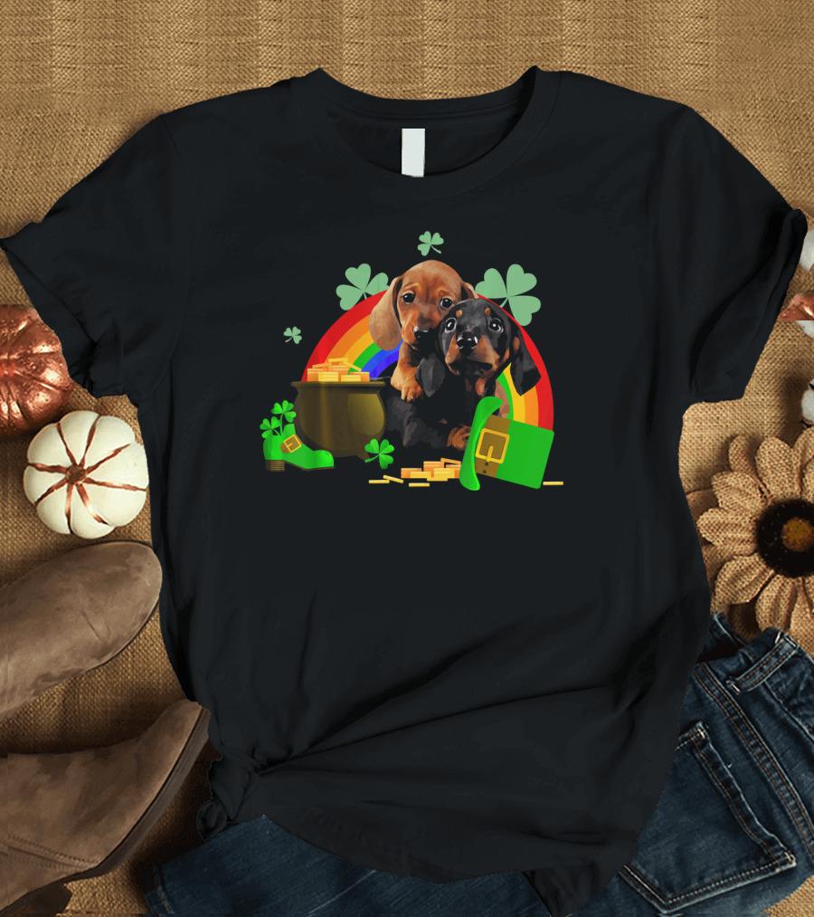 Dachshund Puppies and Lucky Clover Treasures Under Rainbow T-Shirt