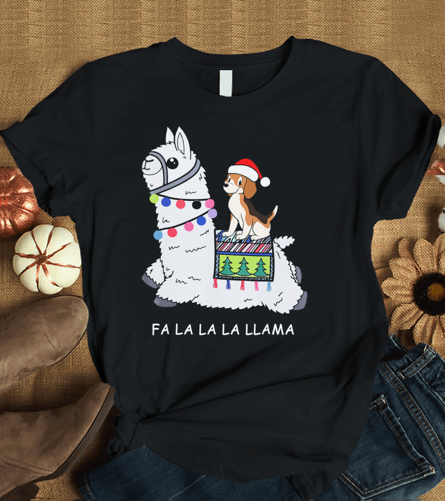 Fa La La La La Llama Santa Beagle on Festive Llama T-Shirt