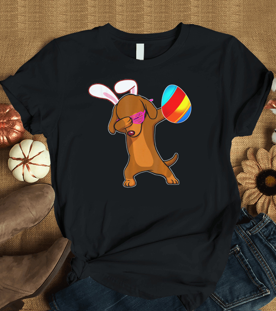 Easter Bunny Ears Dabbing Dachshund with Colorful Egg T-Shirt