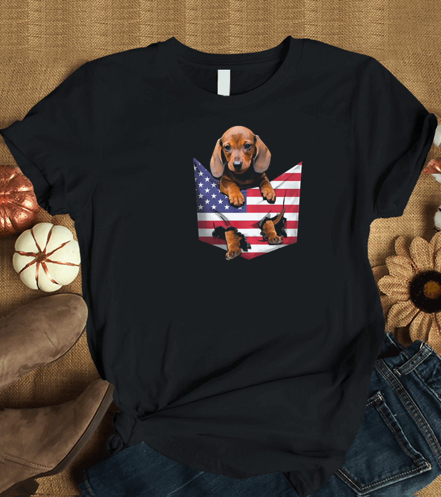 Dachshund In American Flag Pocket Fourth of July T-Shirt