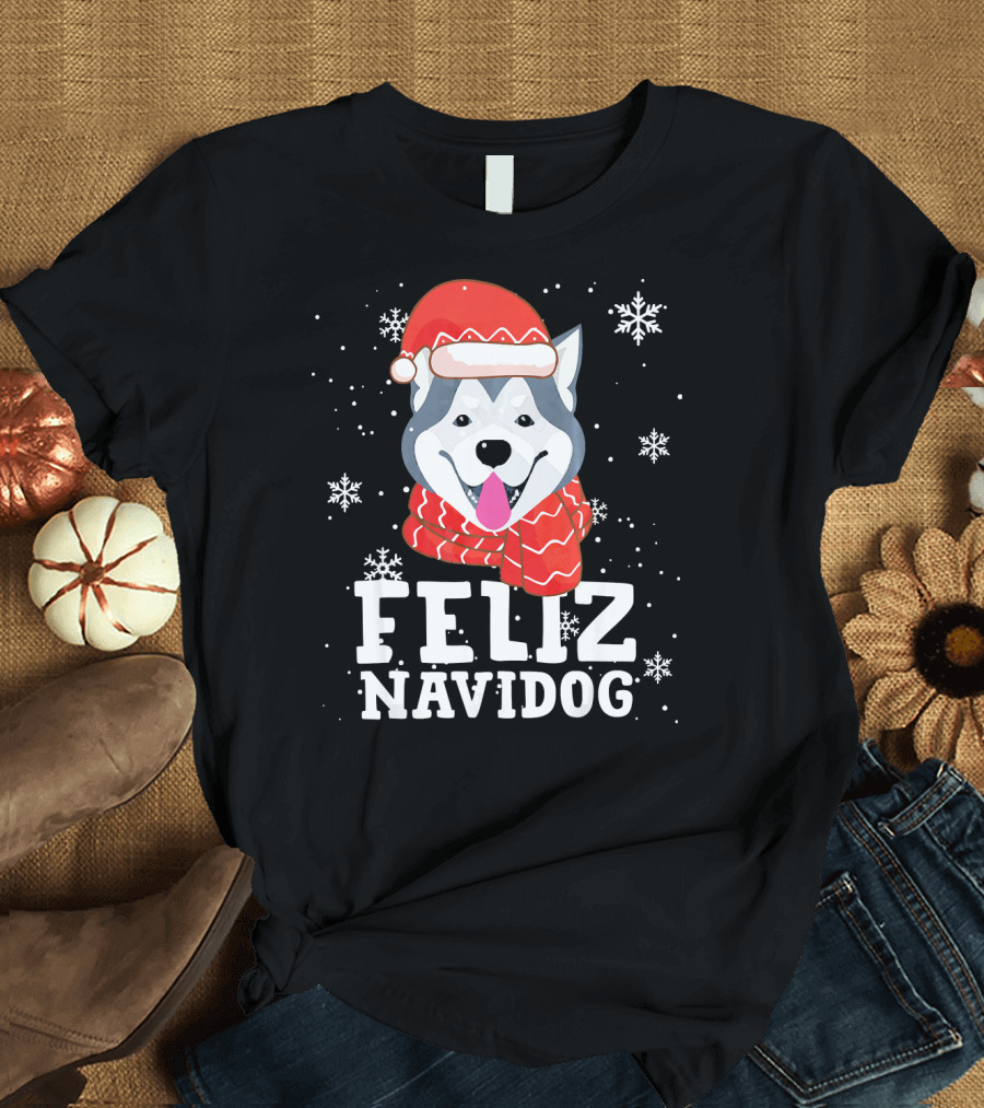 Feliz Navidog Siberian Husky Christmas Santa Hat and Scarf T-Shirt