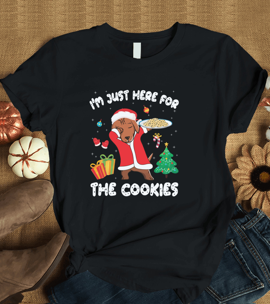 I'm Just Here for the Cookies Dachshund Dabbing Christmas Tree T-Shirt