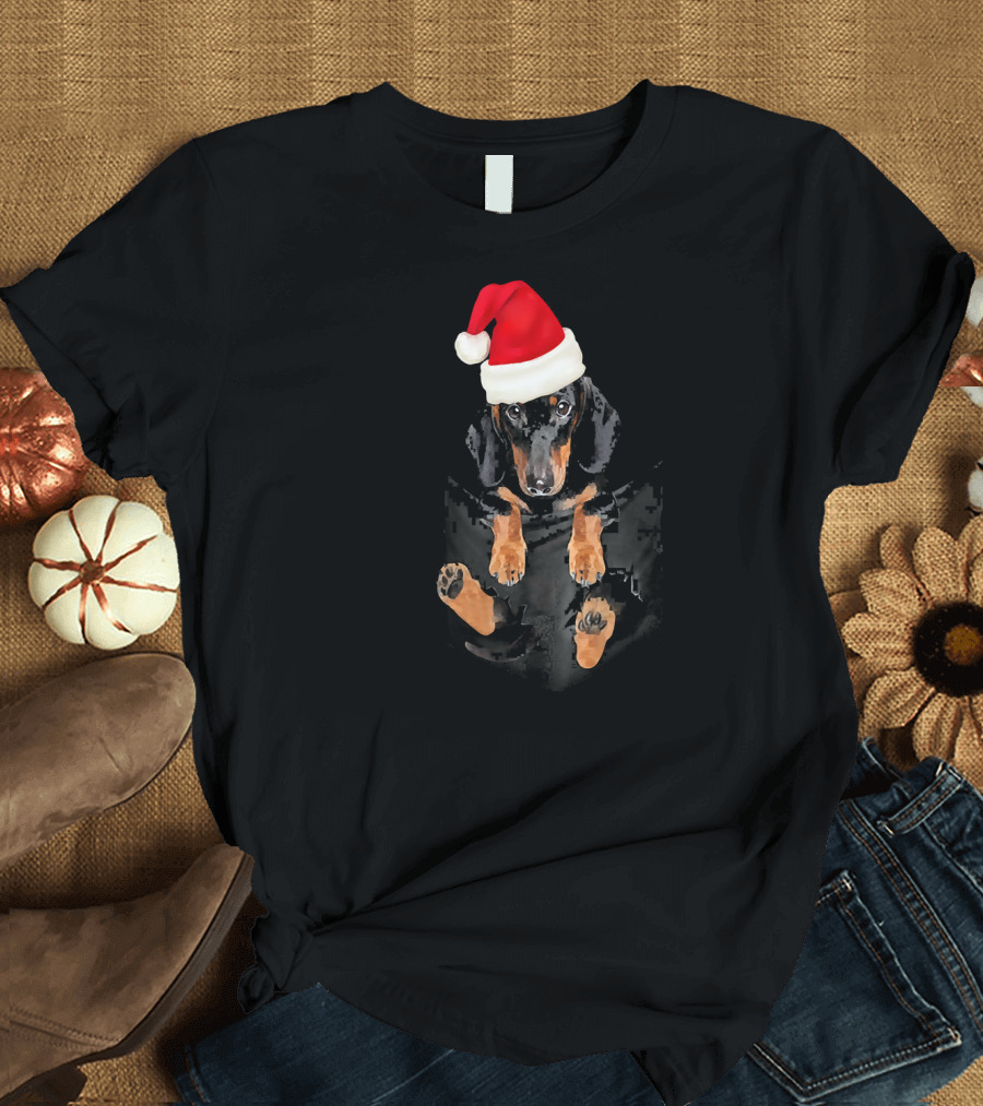 Dachshund in Santa Hat Pocket Christmas T-Shirt