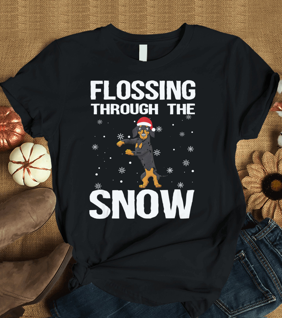 Flossing Through the Snow Dachshund Santa Hat T-Shirt