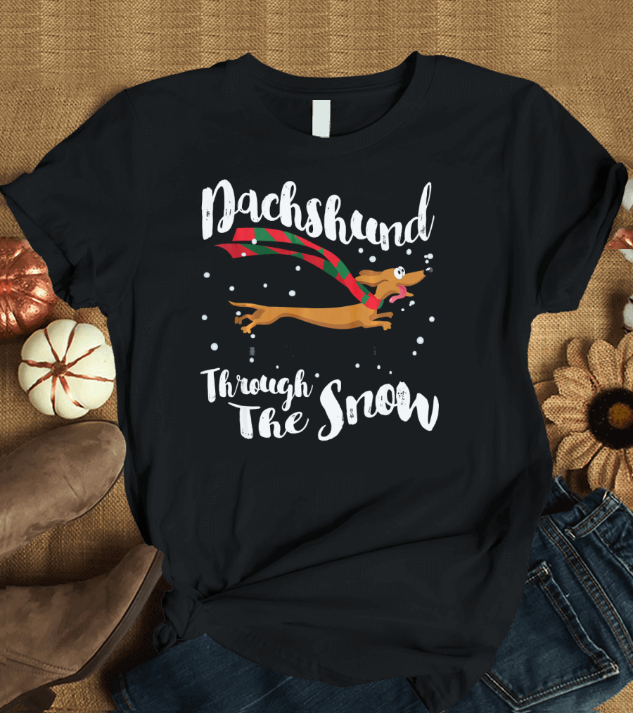 Dachshund Through The Snow Christmas Scarf Dog Running T-Shirt