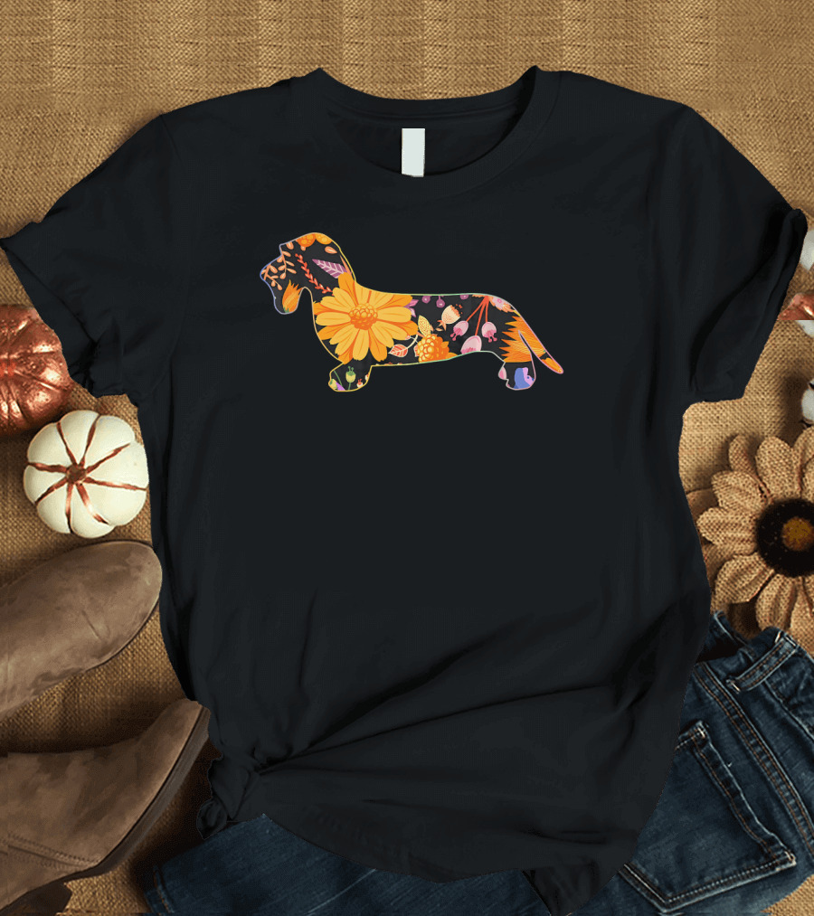Floral Flower Vintage Retro Dachshund Bright Floral T-Shirt