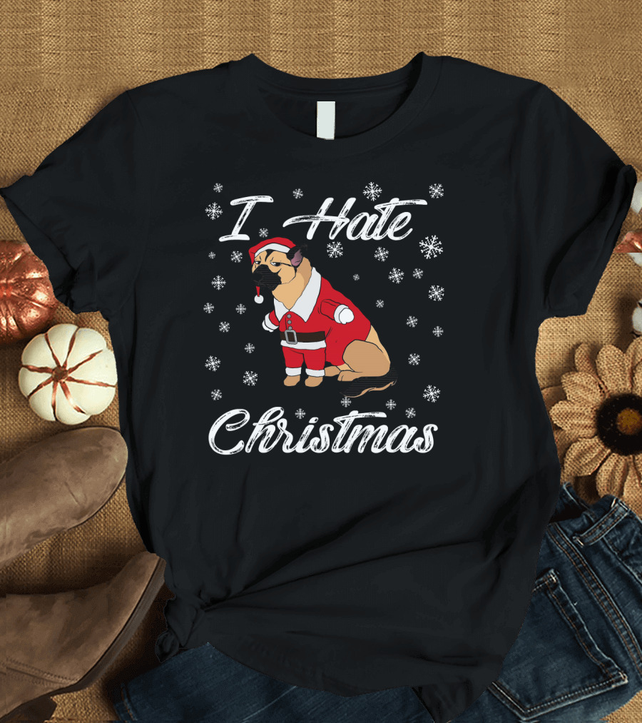 German Shepherd in Santa Costume with Snowflakes I Hate Christmas T-Shirt