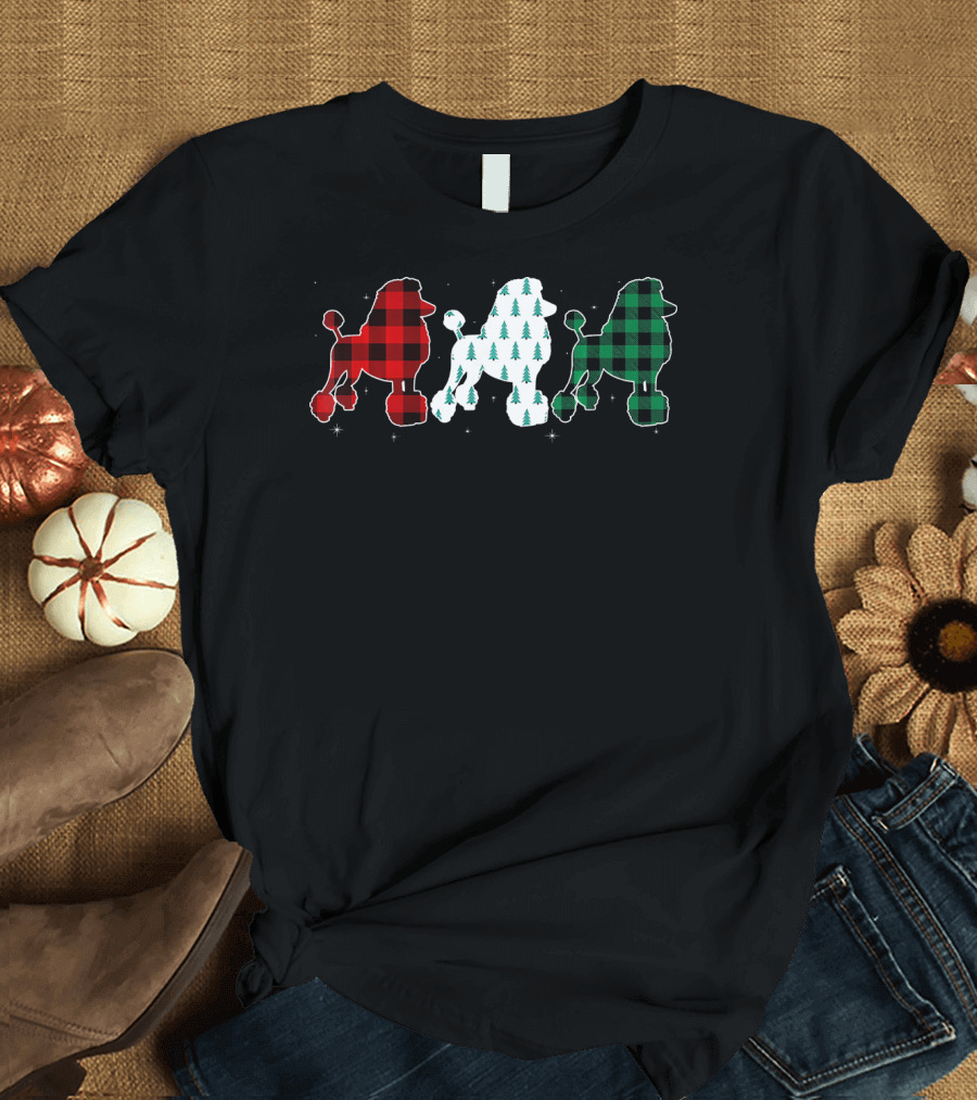 Funny Poodle Red Green Plaid Christmas Trees T-Shirt