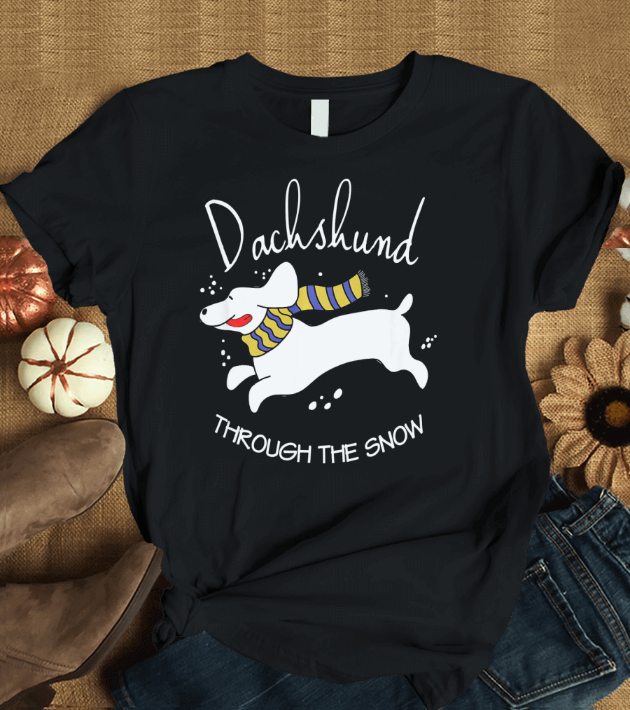 Dachshund Through the Snow with Festive Scarf T-Shirt