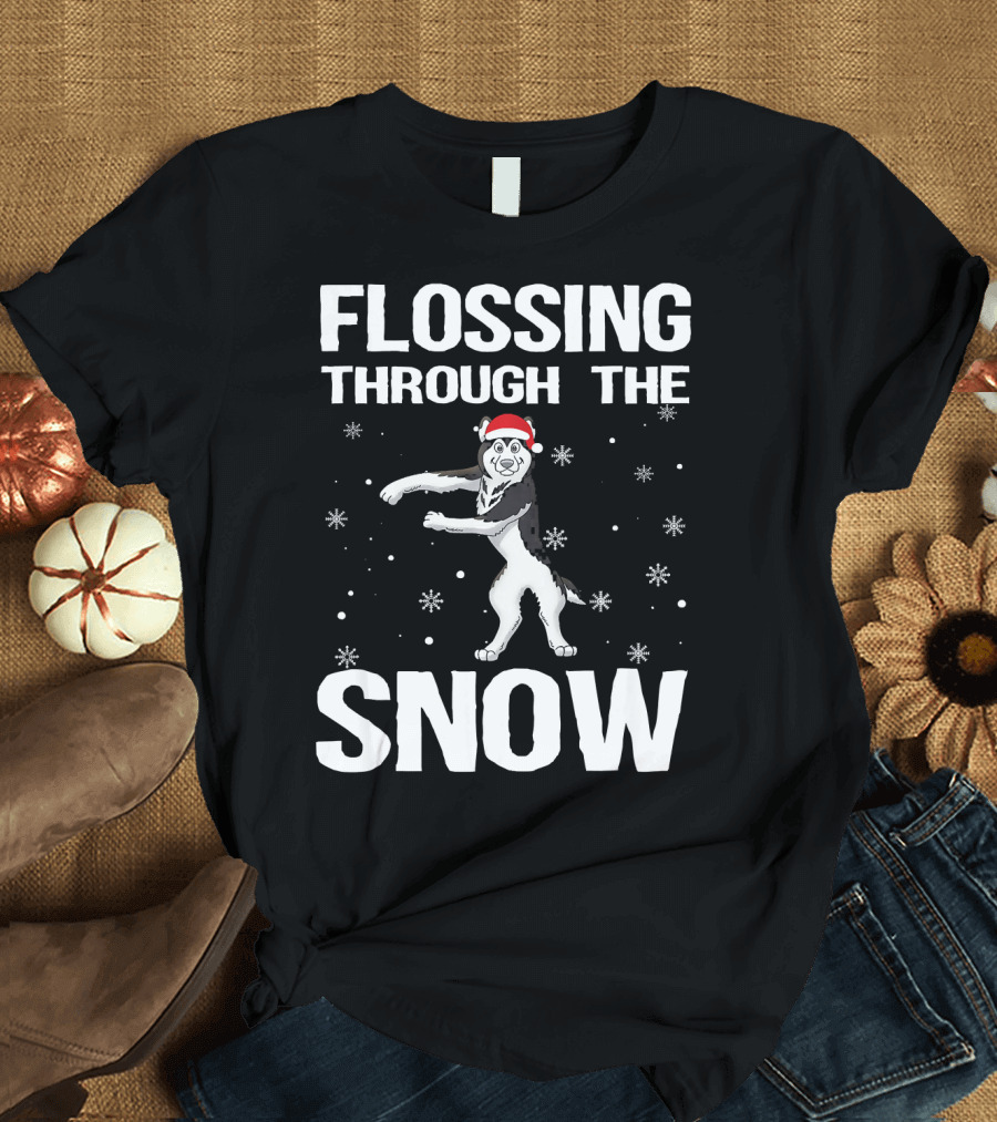 Flossing Through the Snow Husky Santa Hat Xmas T-Shirt