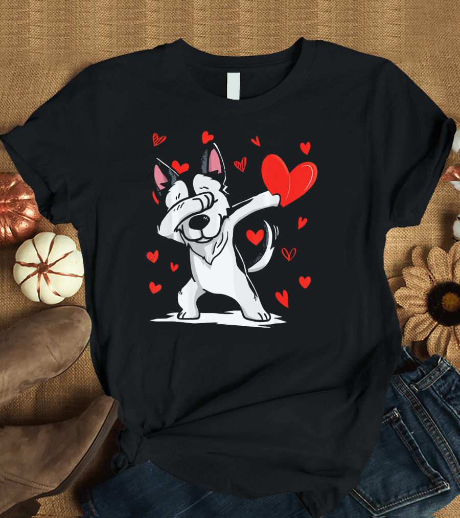 Funny Dabbing Husky Valentine Hearts T-Shirt