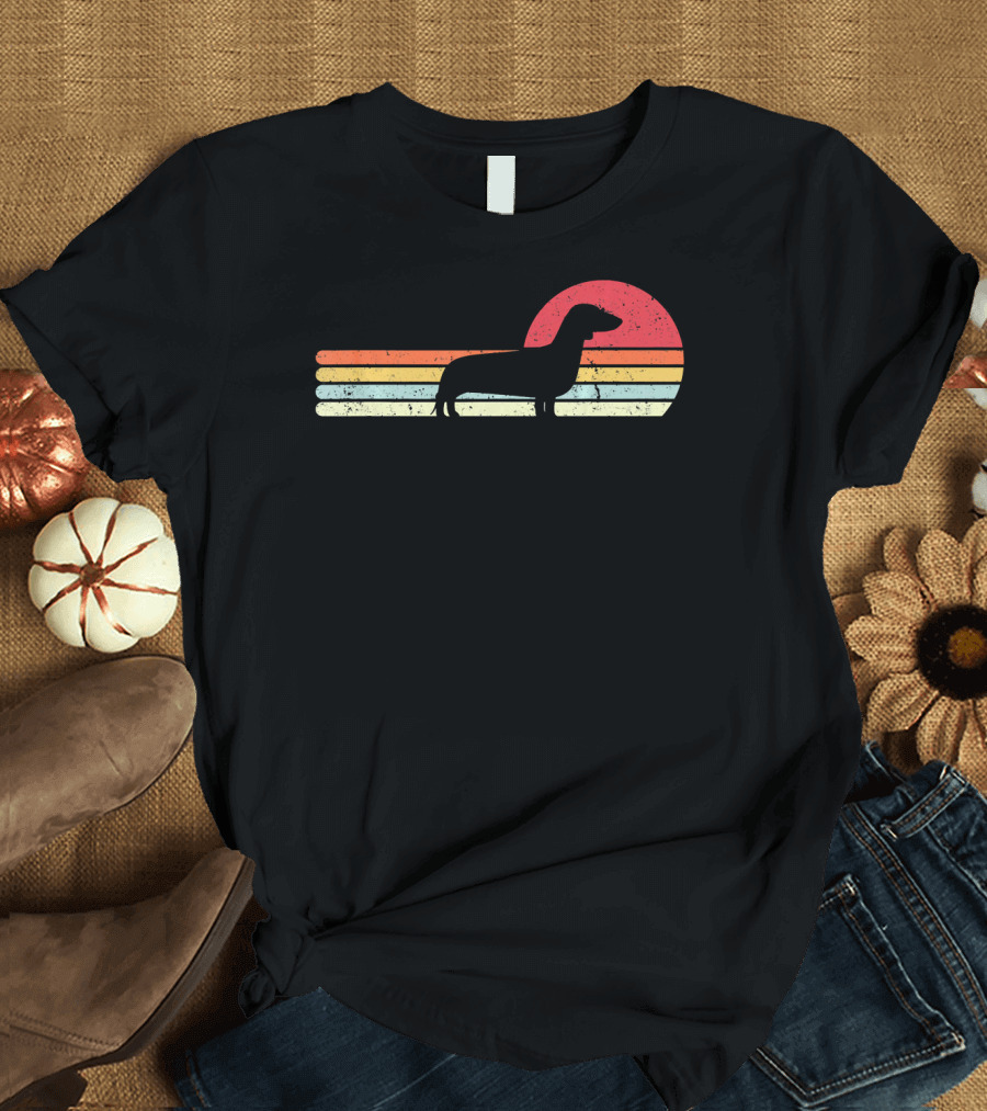 Dachshund Silhouette Against Retro Sunset Stripes T-Shirt