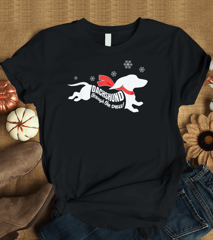 Dachshund Through the Snow Doxie Dog with Snowflakes and Red Scarf T-Shirt
