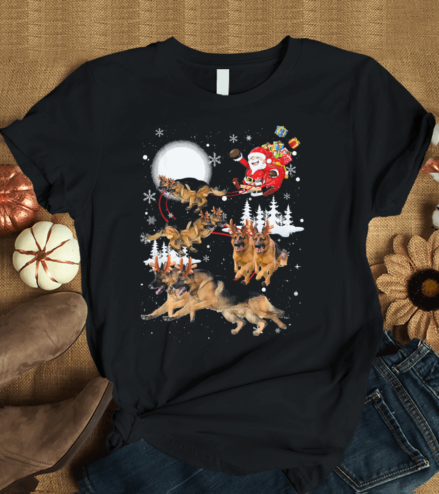 German Shepherd Reindeer Santa Sleigh by Moon T-Shirt