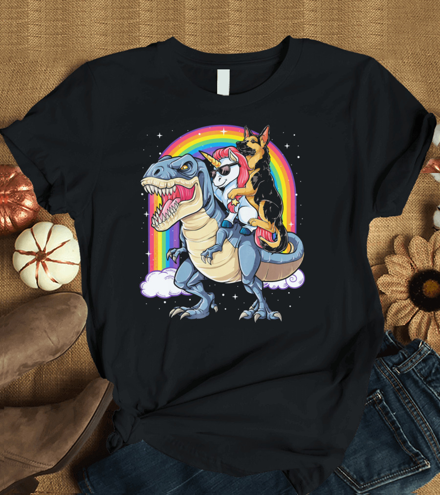 German Shepherd Riding Unicorn Dinosaur Rex with Rainbow and Clouds T-Shirt